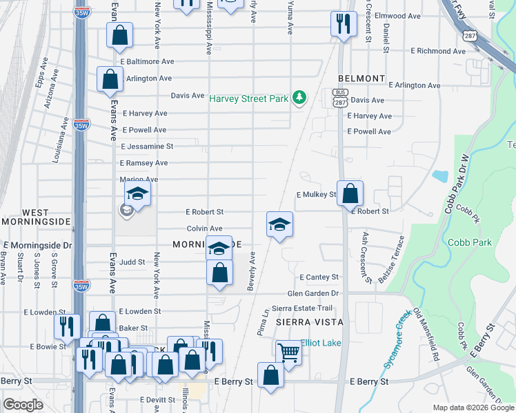 map of restaurants, bars, coffee shops, grocery stores, and more near 1305 East Robert Street in Fort Worth