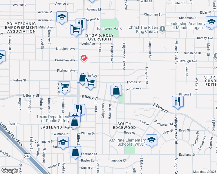 map of restaurants, bars, coffee shops, grocery stores, and more near 2909 Griggs Avenue in Fort Worth