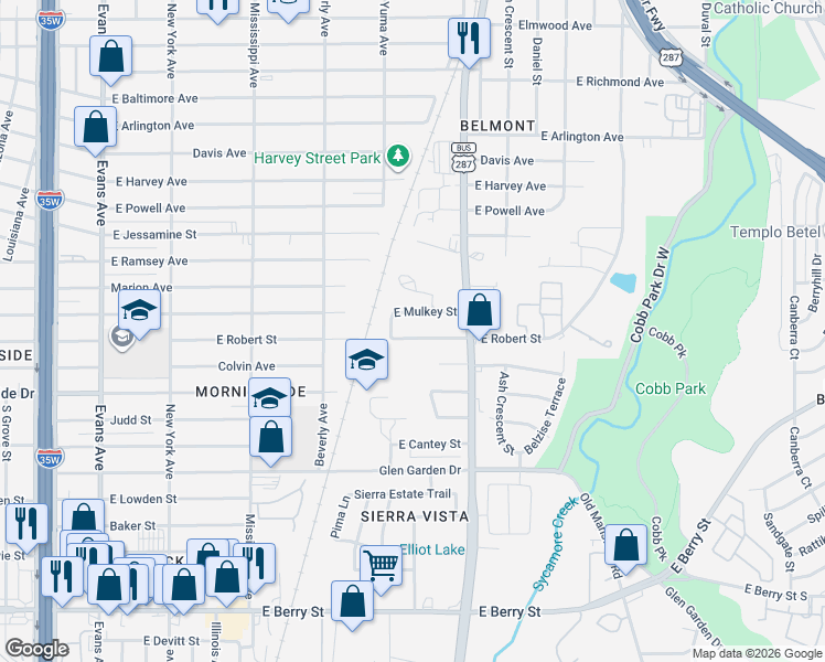 map of restaurants, bars, coffee shops, grocery stores, and more near 1417 East Robert Street in Fort Worth