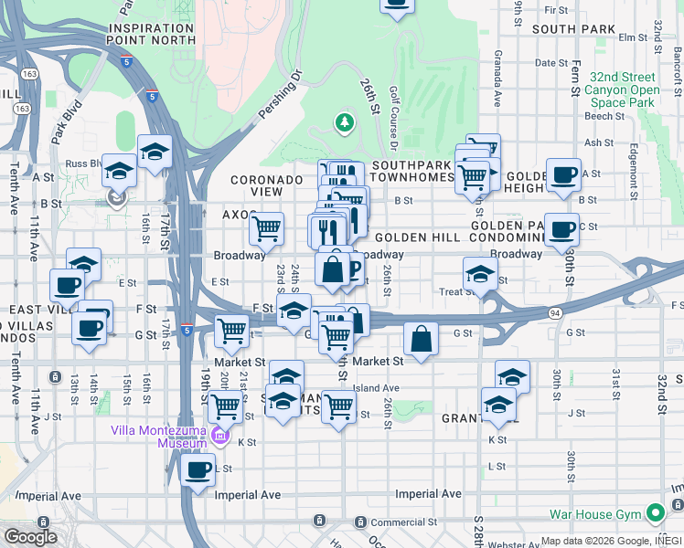 map of restaurants, bars, coffee shops, grocery stores, and more near 924 25th Street in San Diego