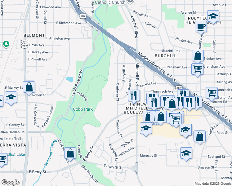 map of restaurants, bars, coffee shops, grocery stores, and more near 3004 Canberra Court in Fort Worth