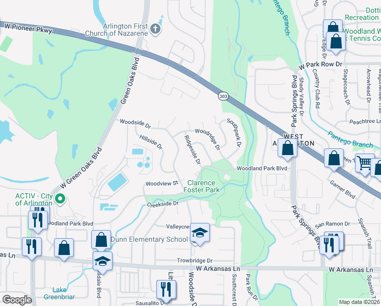 map of restaurants, bars, coffee shops, grocery stores, and more near 1810 Ridgeside Drive in Arlington