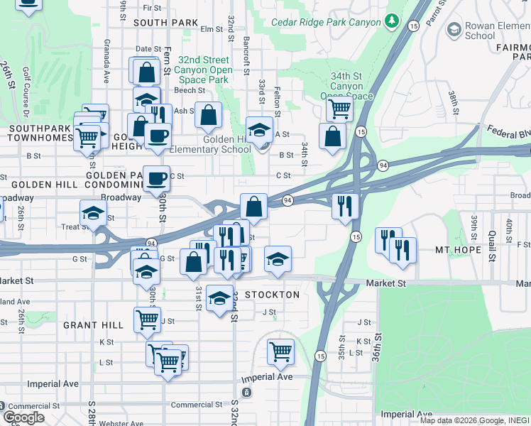 map of restaurants, bars, coffee shops, grocery stores, and more near 857-65 33rd Street in San Diego