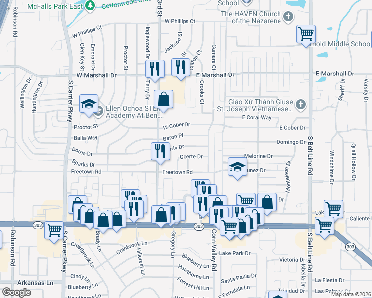 map of restaurants, bars, coffee shops, grocery stores, and more near 201 Dorris Drive in Grand Prairie