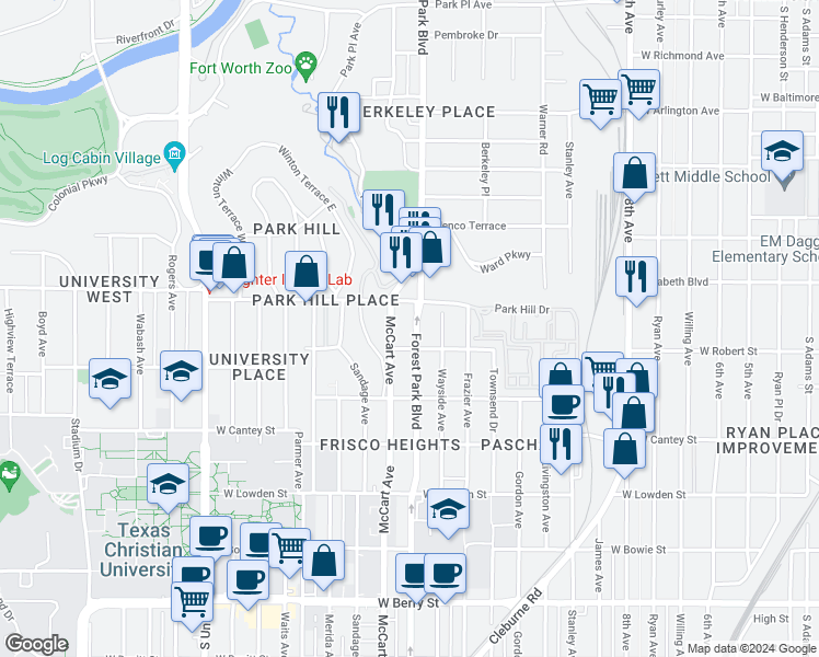 map of restaurants, bars, coffee shops, grocery stores, and more near 2520 Forest Park Boulevard in Fort Worth