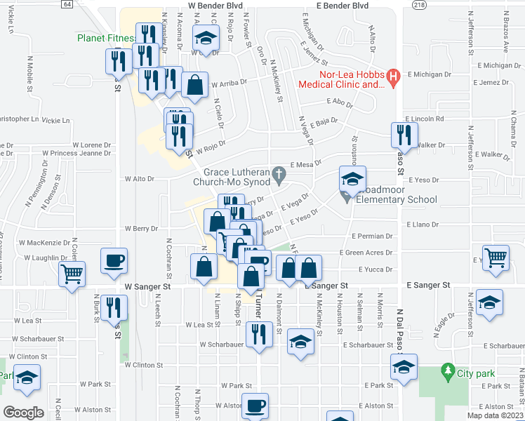 map of restaurants, bars, coffee shops, grocery stores, and more near 116 West Vega Drive in Hobbs