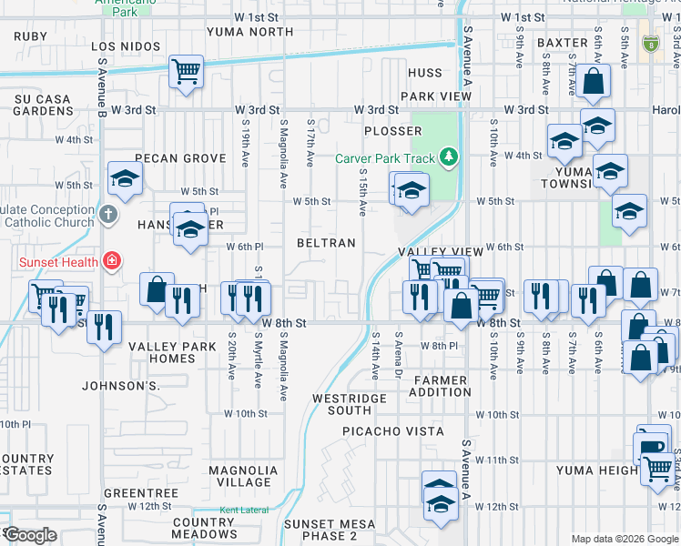 map of restaurants, bars, coffee shops, grocery stores, and more near 671 South 16th Avenue in Yuma