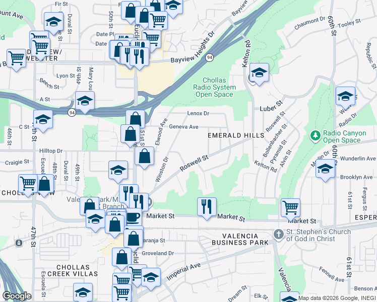 map of restaurants, bars, coffee shops, grocery stores, and more near 5322 Hilltop Drive in San Diego