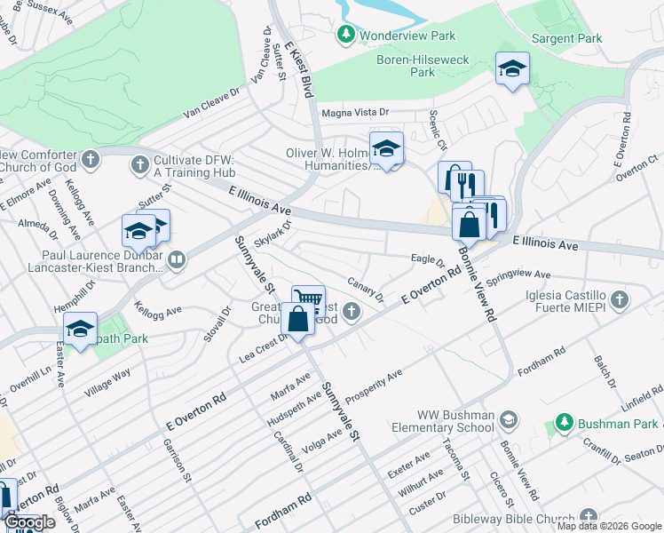 map of restaurants, bars, coffee shops, grocery stores, and more near 2745 Canary Drive in Dallas