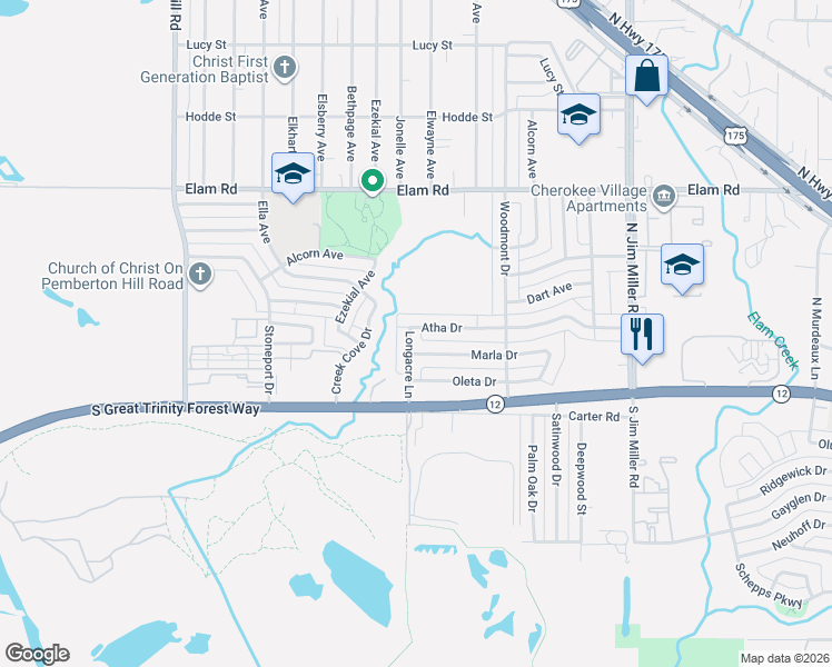 map of restaurants, bars, coffee shops, grocery stores, and more near 6520 Atha Drive in Dallas