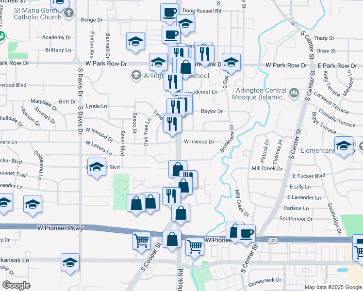 map of restaurants, bars, coffee shops, grocery stores, and more near 612 West Inwood Drive in Arlington