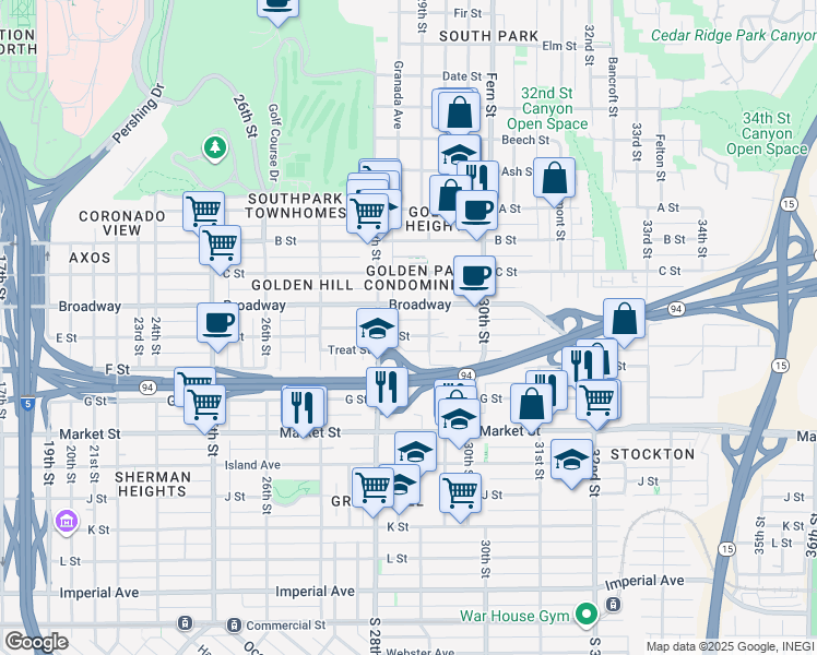 map of restaurants, bars, coffee shops, grocery stores, and more near 2850-52 E Street in San Diego