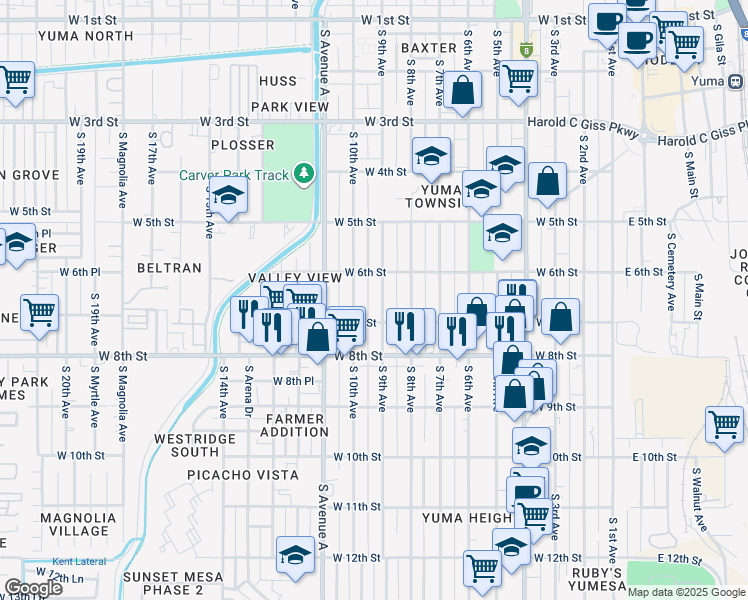 map of restaurants, bars, coffee shops, grocery stores, and more near 601-699 S 10th Ave in Yuma
