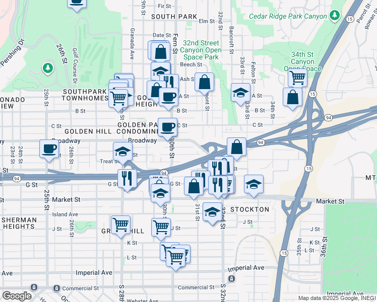 map of restaurants, bars, coffee shops, grocery stores, and more near 3090 E Street in San Diego