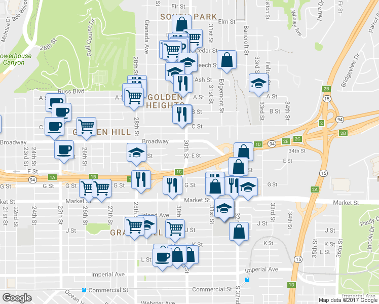 map of restaurants, bars, coffee shops, grocery stores, and more near 3024 E Street in San Diego