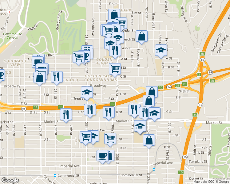 map of restaurants, bars, coffee shops, grocery stores, and more near 2964 E Street in San Diego