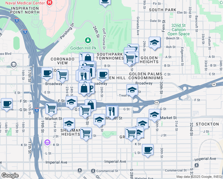 map of restaurants, bars, coffee shops, grocery stores, and more near 2682 E Street in San Diego