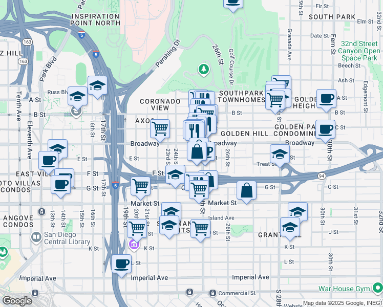 map of restaurants, bars, coffee shops, grocery stores, and more near 2470 E Street in San Diego