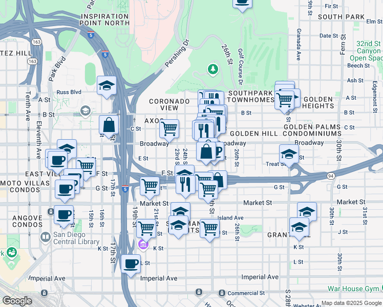 map of restaurants, bars, coffee shops, grocery stores, and more near 906 24th Street in San Diego