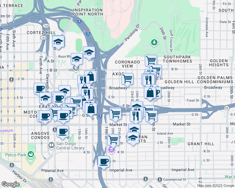 map of restaurants, bars, coffee shops, grocery stores, and more near 917 20th Street in San Diego