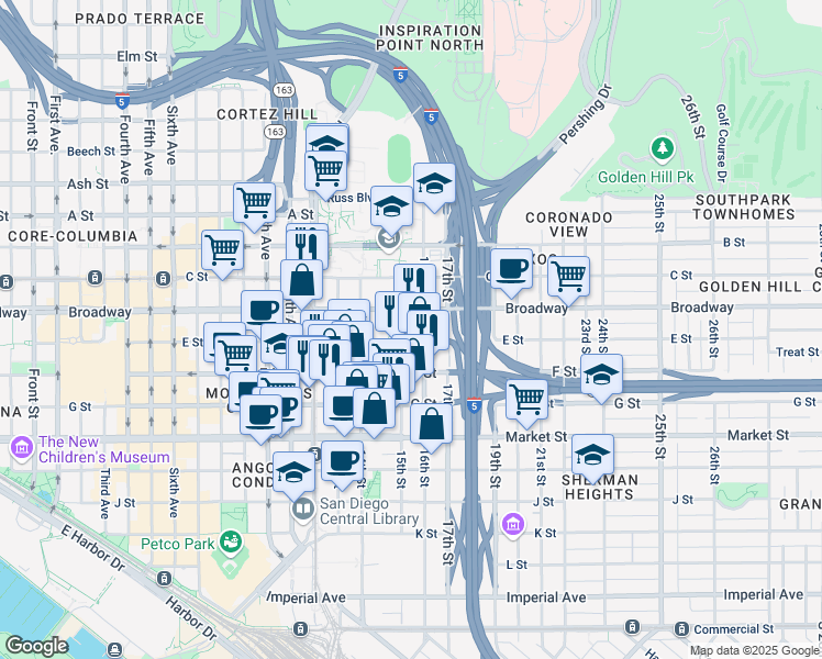 map of restaurants, bars, coffee shops, grocery stores, and more near 1508 E Street in San Diego