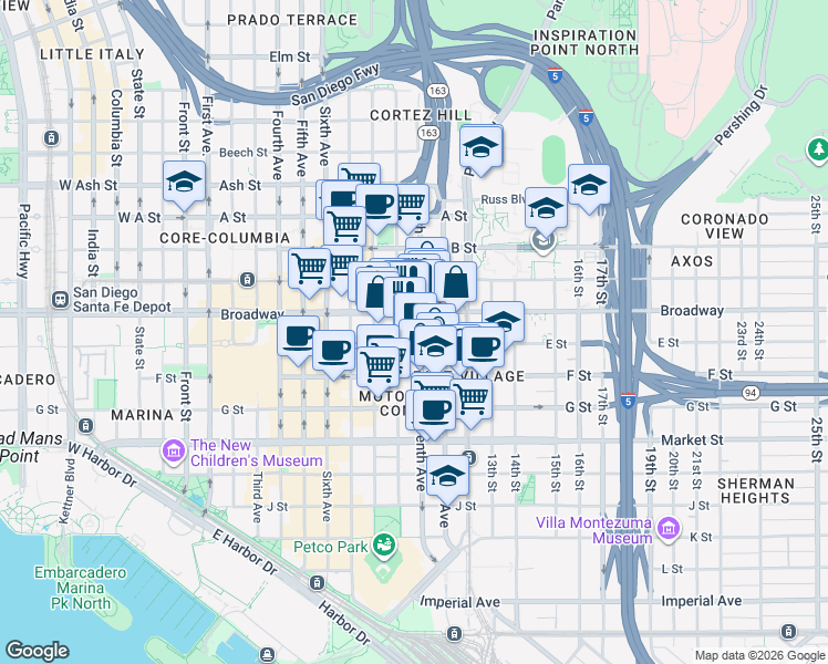 map of restaurants, bars, coffee shops, grocery stores, and more near 947 E Street in San Diego