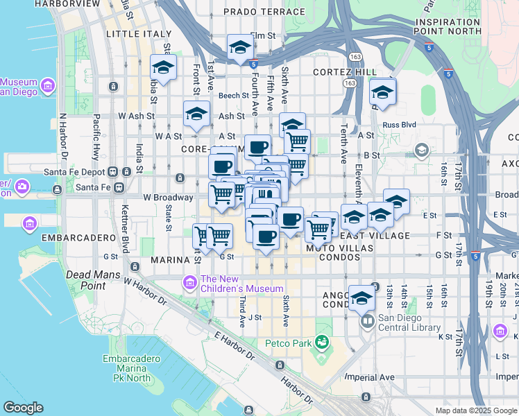 map of restaurants, bars, coffee shops, grocery stores, and more near in San Diego