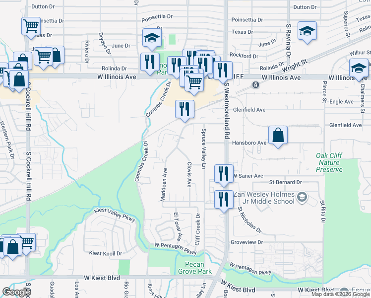 map of restaurants, bars, coffee shops, grocery stores, and more near 2912 Clovis Avenue in Dallas