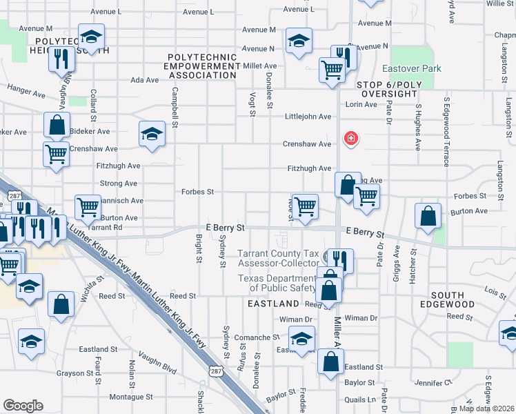 map of restaurants, bars, coffee shops, grocery stores, and more near 3024 Donalee Street in Fort Worth