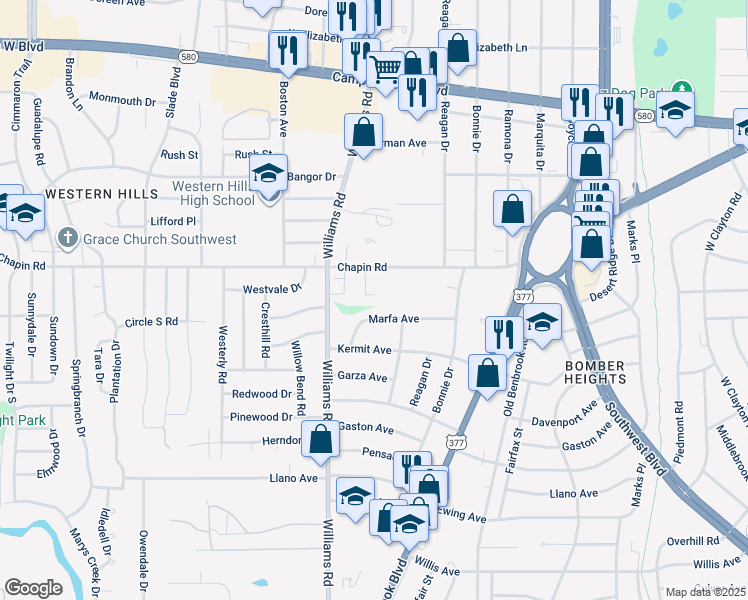 map of restaurants, bars, coffee shops, grocery stores, and more near 3833 Coates Circle in Benbrook