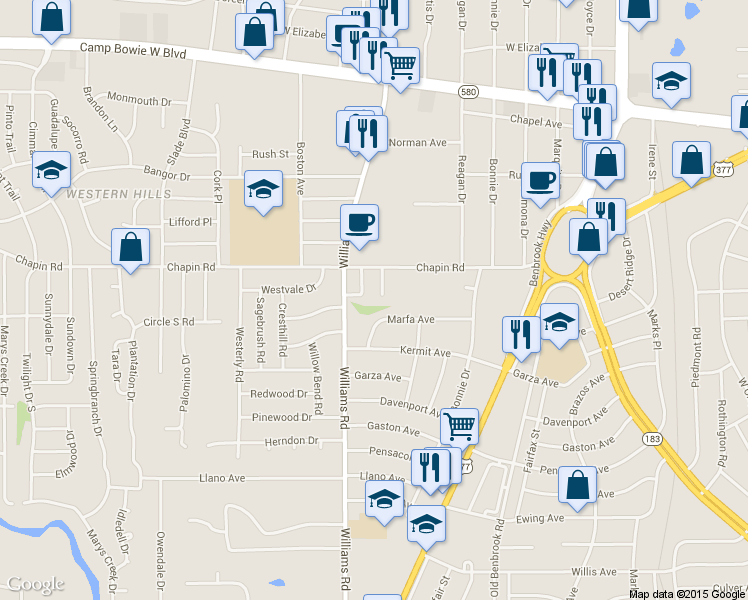 map of restaurants, bars, coffee shops, grocery stores, and more near 3853 Branch Way in Fort Worth