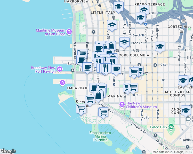 map of restaurants, bars, coffee shops, grocery stores, and more near 700 West E Street in San Diego