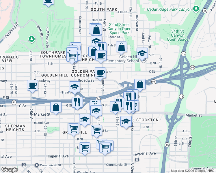 map of restaurants, bars, coffee shops, grocery stores, and more near 3024 E Street in San Diego