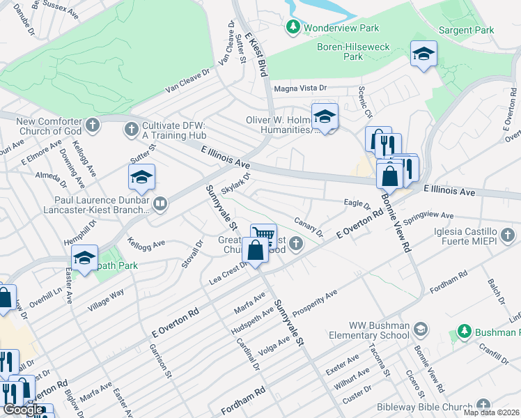 map of restaurants, bars, coffee shops, grocery stores, and more near 2716 Canary Drive in Dallas