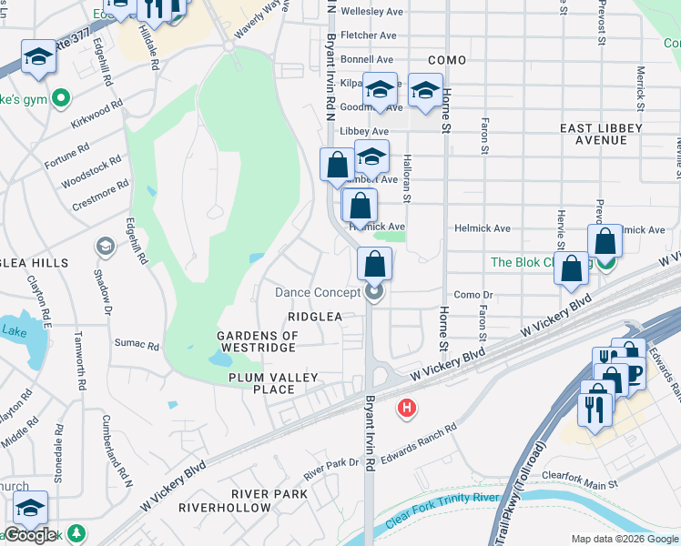 map of restaurants, bars, coffee shops, grocery stores, and more near 4800 Bryant Irvin Court in Fort Worth