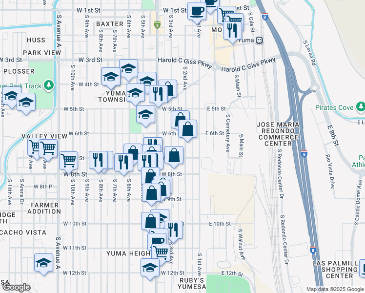 map of restaurants, bars, coffee shops, grocery stores, and more near 652 South 2nd Avenue in Yuma