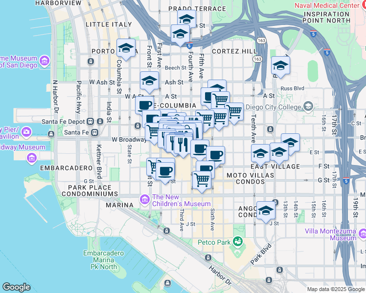 map of restaurants, bars, coffee shops, grocery stores, and more near 755 Broadway Circle in San Diego