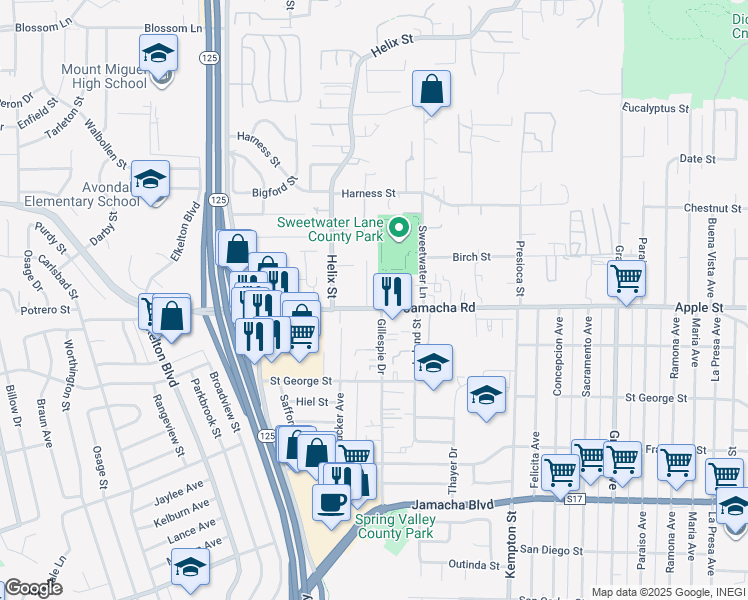 map of restaurants, bars, coffee shops, grocery stores, and more near 1105 Jamacha Lane in Spring Valley