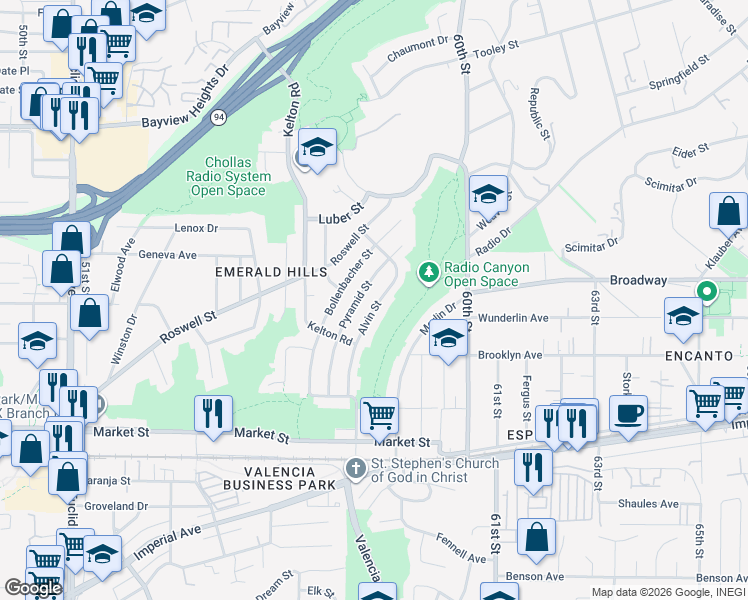 map of restaurants, bars, coffee shops, grocery stores, and more near 922 Alvin Street in San Diego