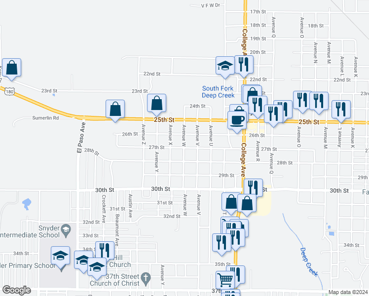 map of restaurants, bars, coffee shops, grocery stores, and more near 2298 27th Street in Snyder