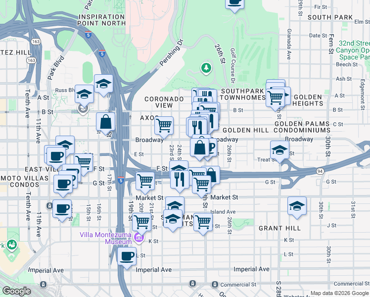map of restaurants, bars, coffee shops, grocery stores, and more near 906 24th Street in San Diego