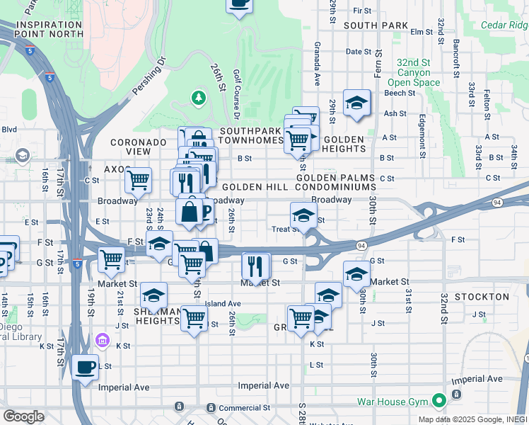 map of restaurants, bars, coffee shops, grocery stores, and more near 918 27th Street in San Diego