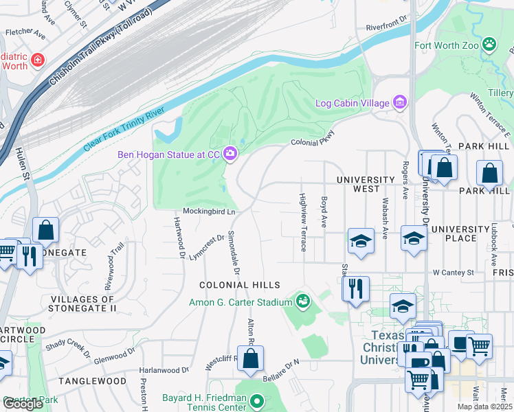 map of restaurants, bars, coffee shops, grocery stores, and more near 3641 Country Club Circle in Fort Worth