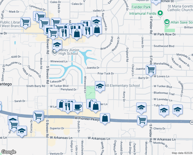 map of restaurants, bars, coffee shops, grocery stores, and more near 1806 Lakemont Court in Arlington