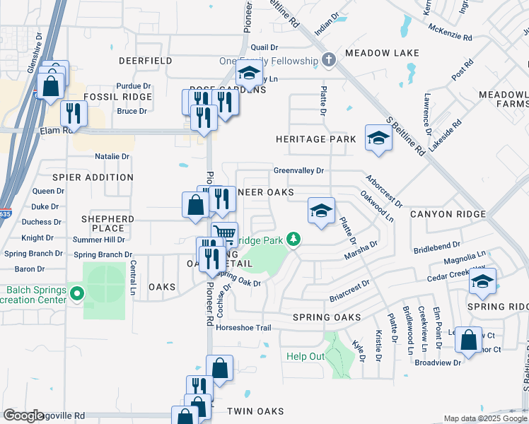 map of restaurants, bars, coffee shops, grocery stores, and more near 4026 Rustic Trail in Balch Springs