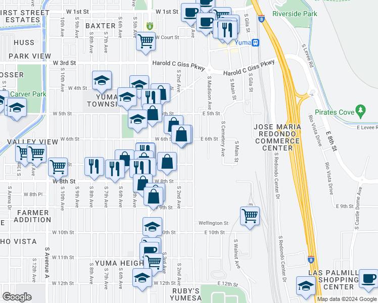 map of restaurants, bars, coffee shops, grocery stores, and more near 660a South 1st Avenue in Yuma