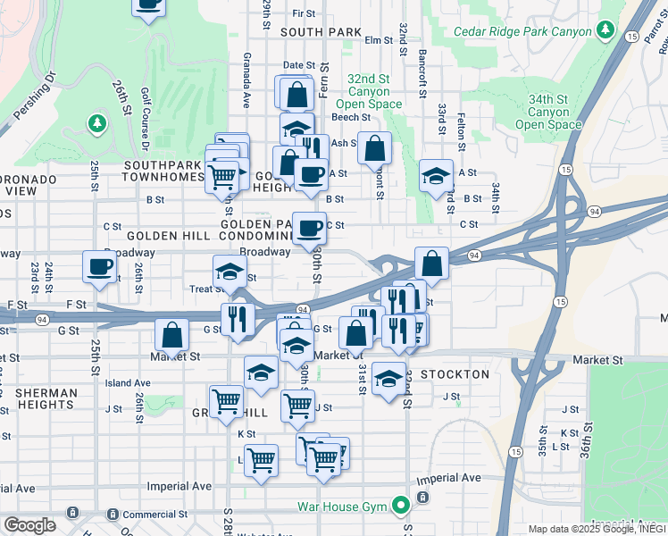 map of restaurants, bars, coffee shops, grocery stores, and more near 3024 E Street in San Diego