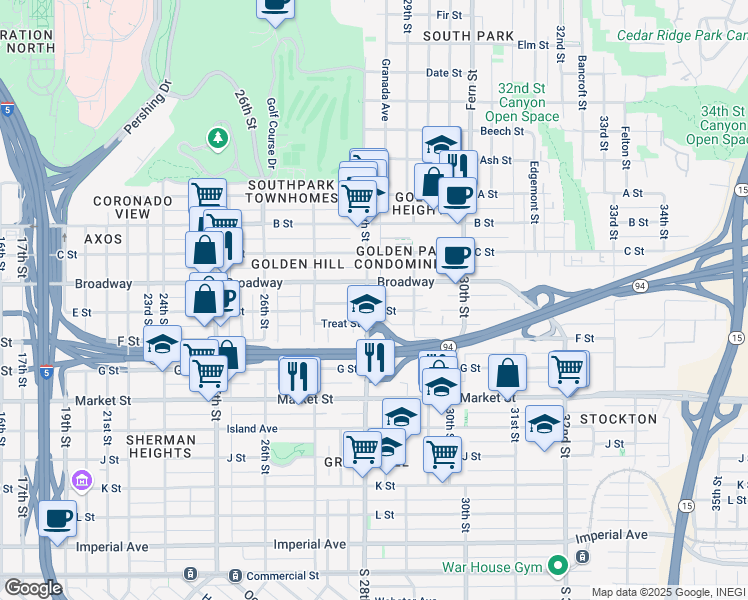 map of restaurants, bars, coffee shops, grocery stores, and more near 2808 E Street in San Diego