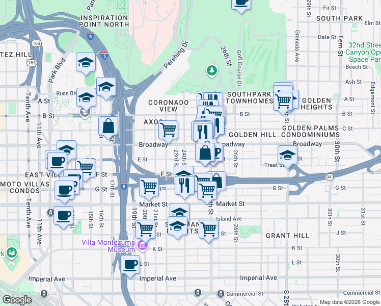 map of restaurants, bars, coffee shops, grocery stores, and more near 906 24th Street in San Diego