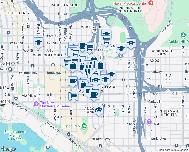 map of restaurants, bars, coffee shops, grocery stores, and more near 947 E Street in San Diego